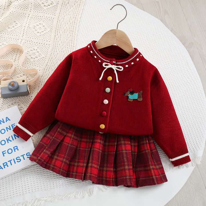 Girls Cute Puppy Sweater&Pleated Skirt 2pcs Set