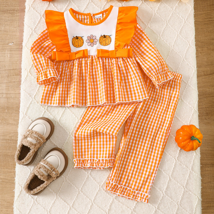 Halloween ghost embroidery plaid ruffle top&pant set