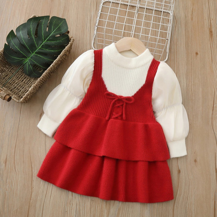 Girls puff sleeve knitted sweater skirt
