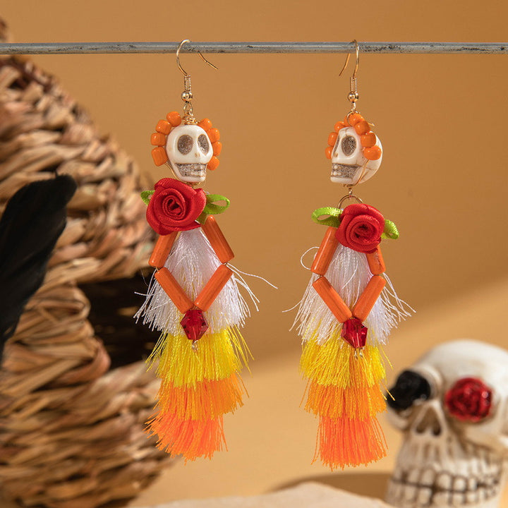 Halloween funny skull tassel rice bead earrings halloween gifts