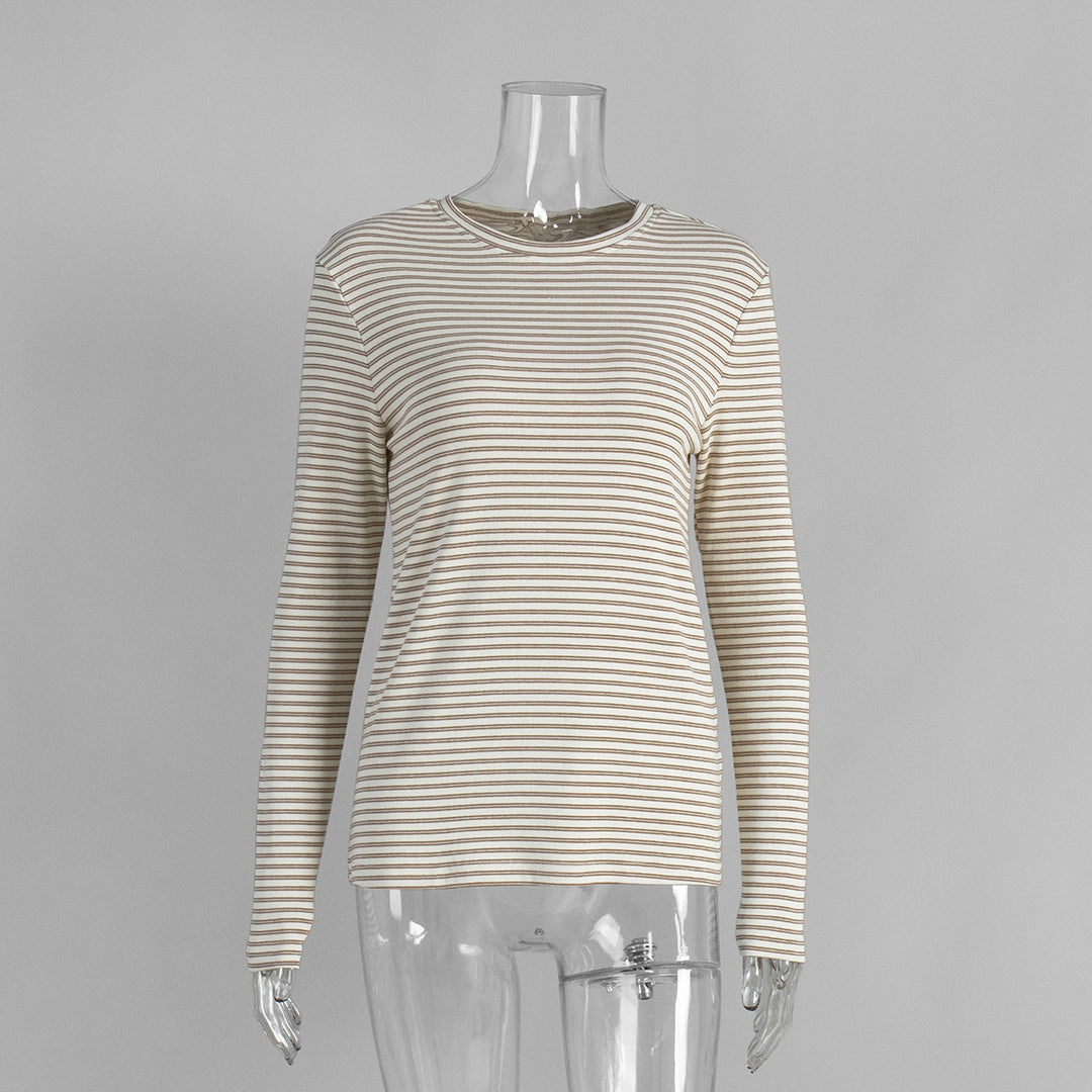Striped slim round neck cotton bottoming shirt for women