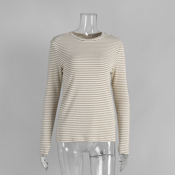 Striped slim round neck cotton bottoming shirt for women