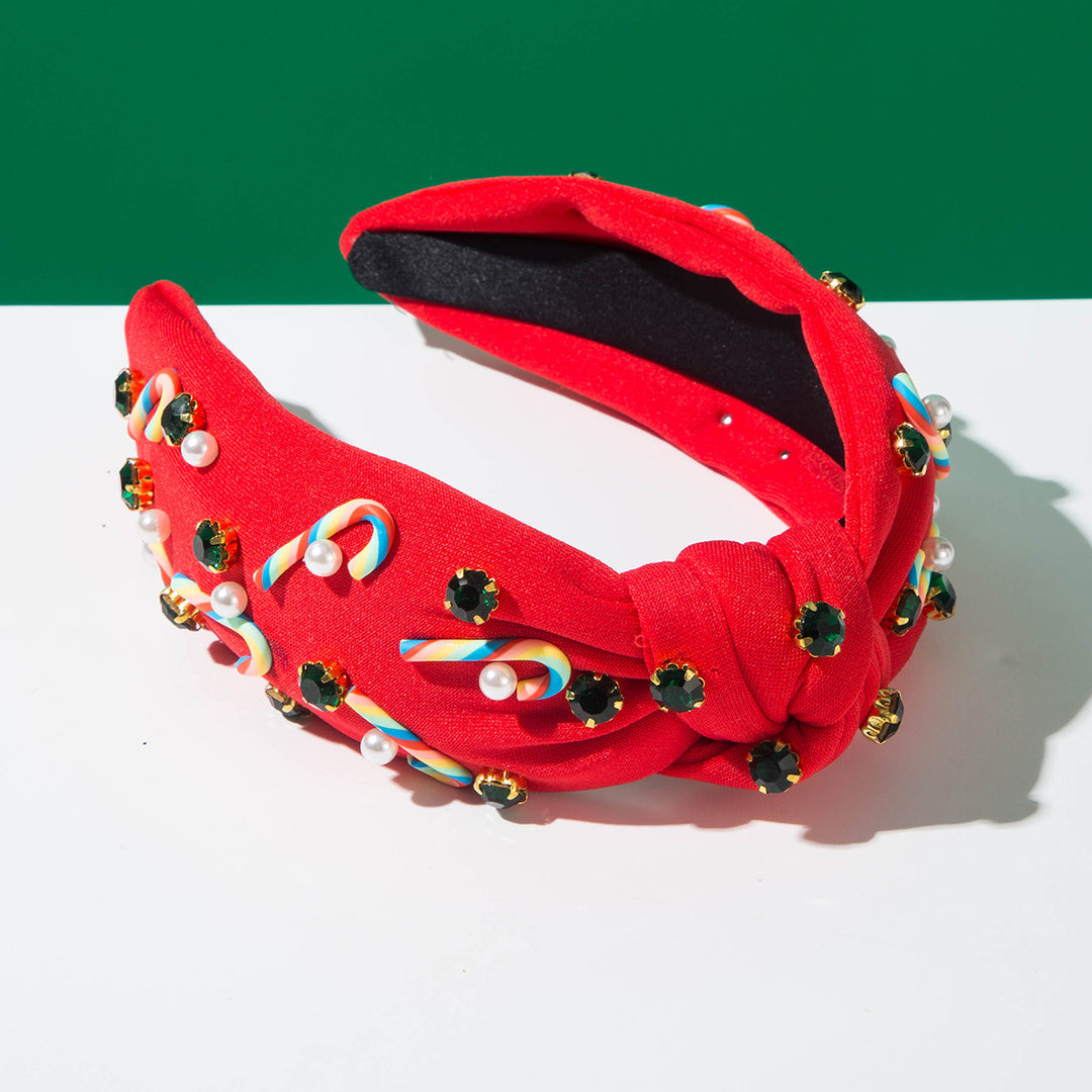 Christmas Candy Cane Rhinestones Charms Knotted Headband