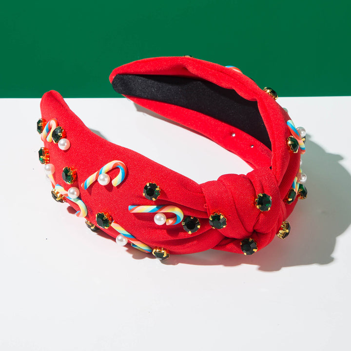 Christmas Candy Cane Rhinestones Charms Knotted Headband
