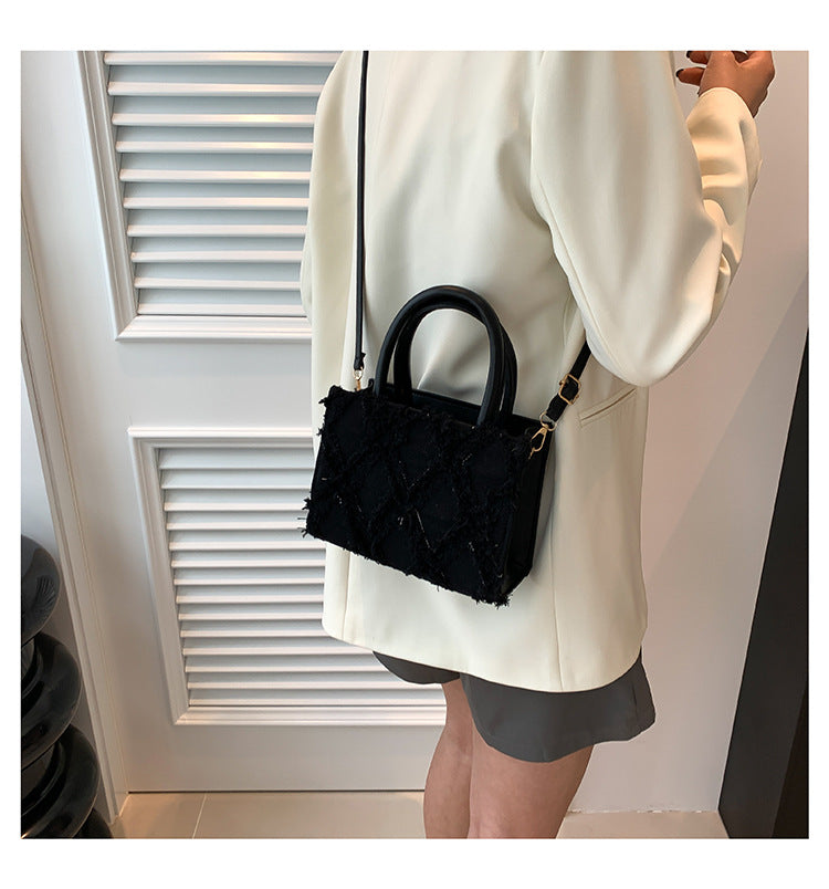 Retro denim diamond pattern tassel shoulder bag crossbody bag