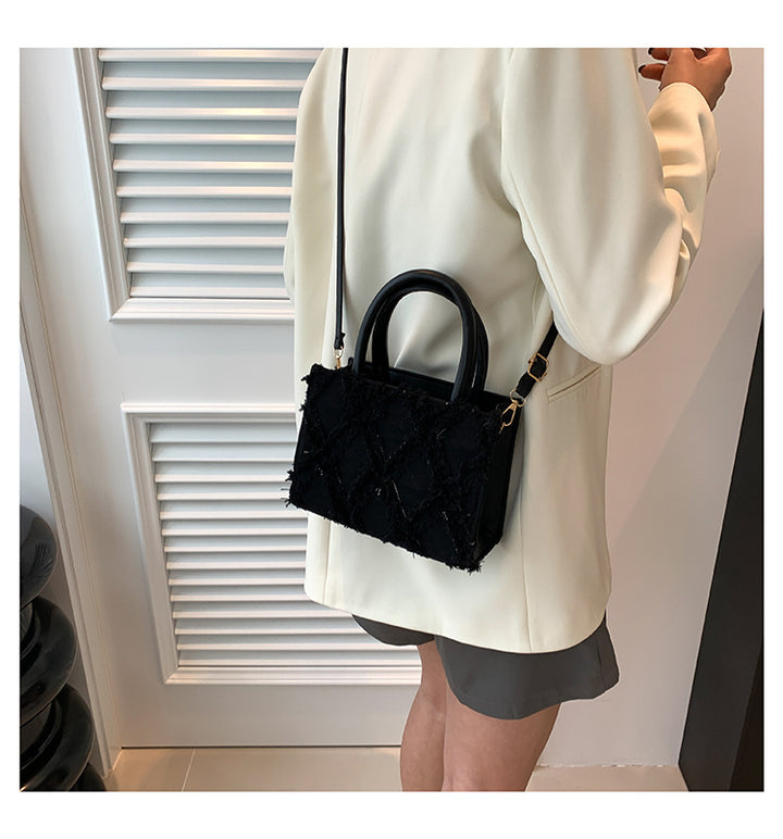 Retro denim diamond pattern tassel shoulder bag crossbody bag