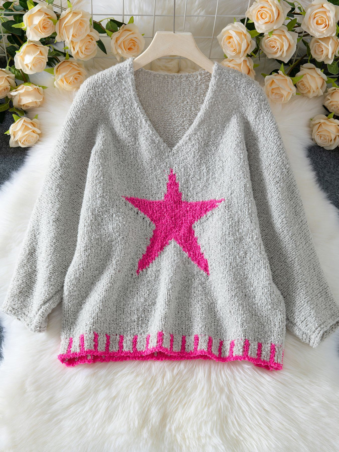 Hot Pink star loose V-neck knitted sweater