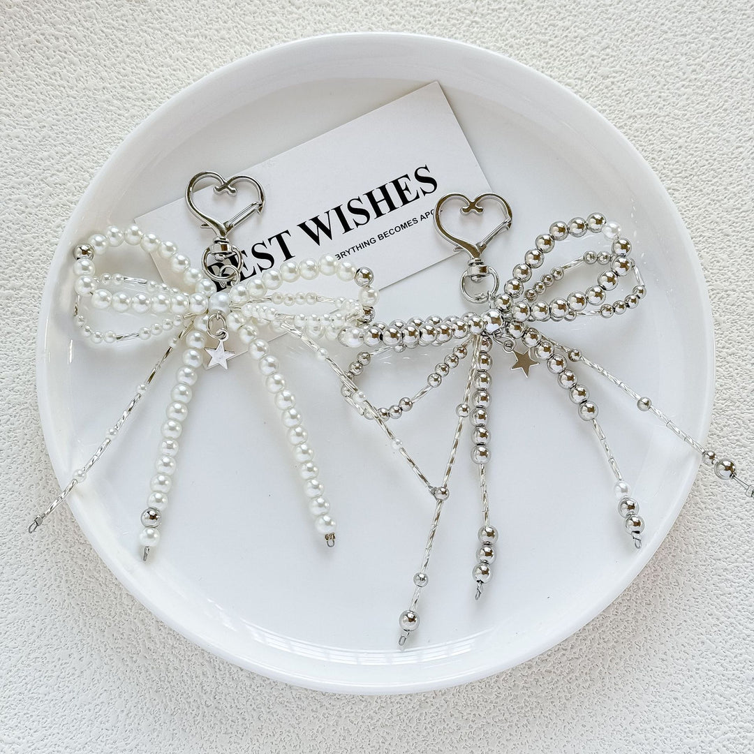 DIY handmade keychain with woven pearl bow tie