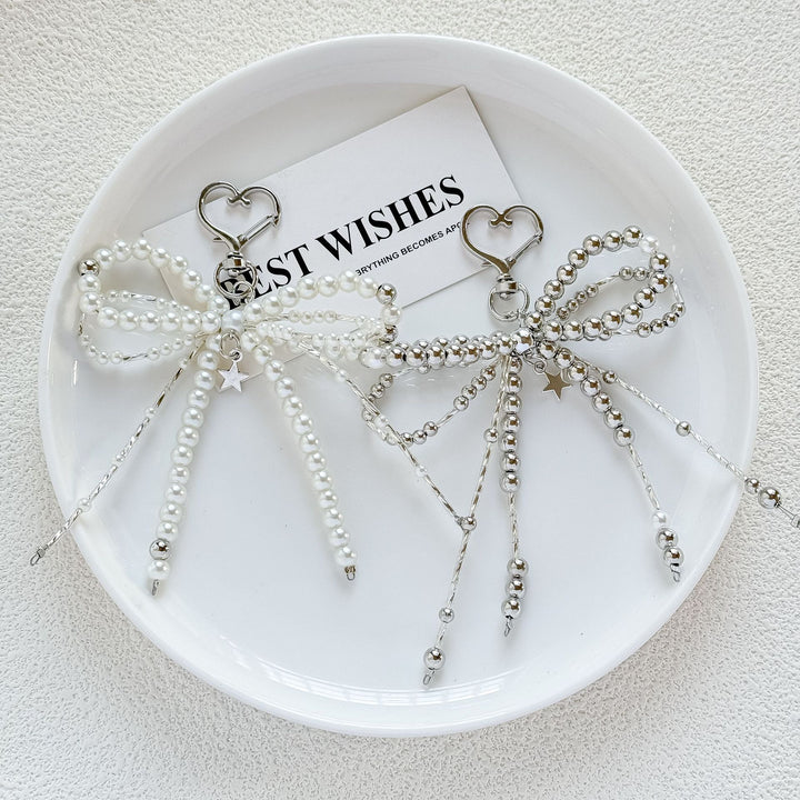 DIY handmade keychain with woven pearl bow tie