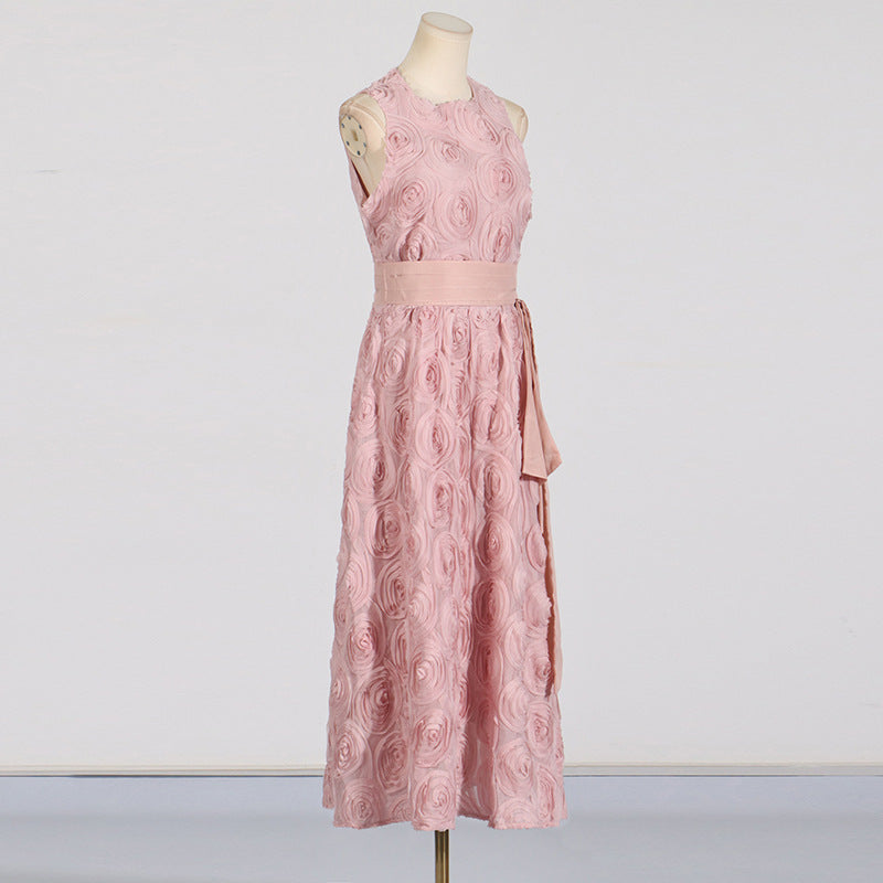 Retro round neck sleeveless 3D flower dress