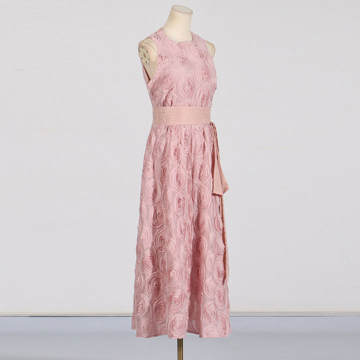 Retro round neck sleeveless 3D flower dress
