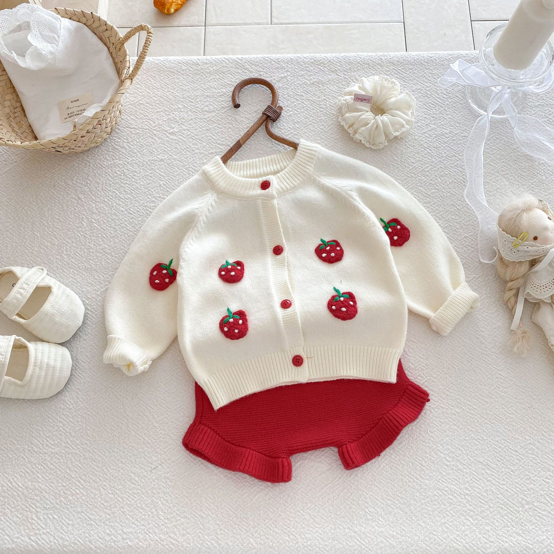 3D Strawberry Baby Girl Knitted Sweater Cardigan&Shorts 2PCS Suit