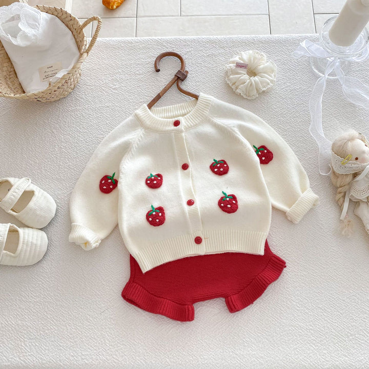 3D Strawberry Baby Girl Knitted Sweater Cardigan&Shorts 2PCS Suit
