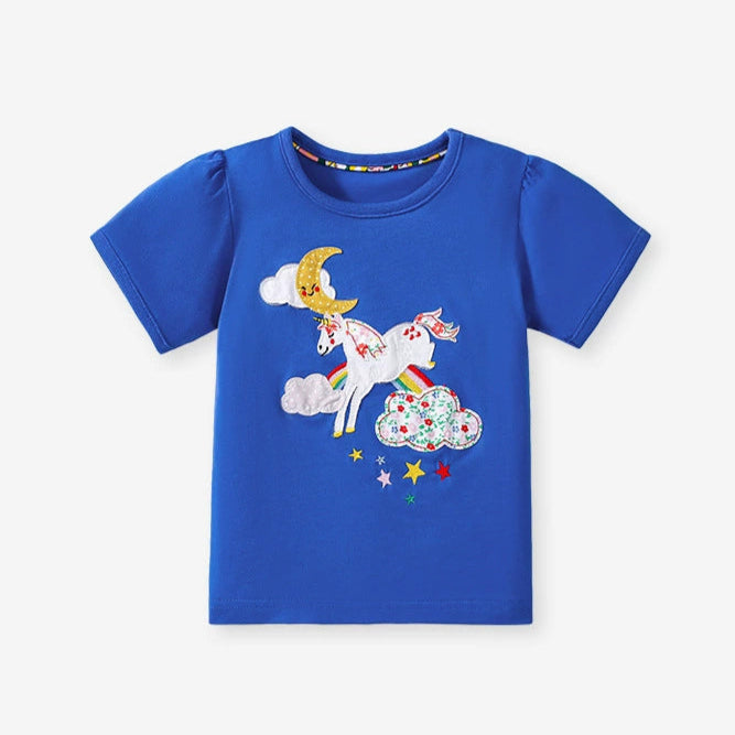 Unicorn applique blue cotton tee for girls
