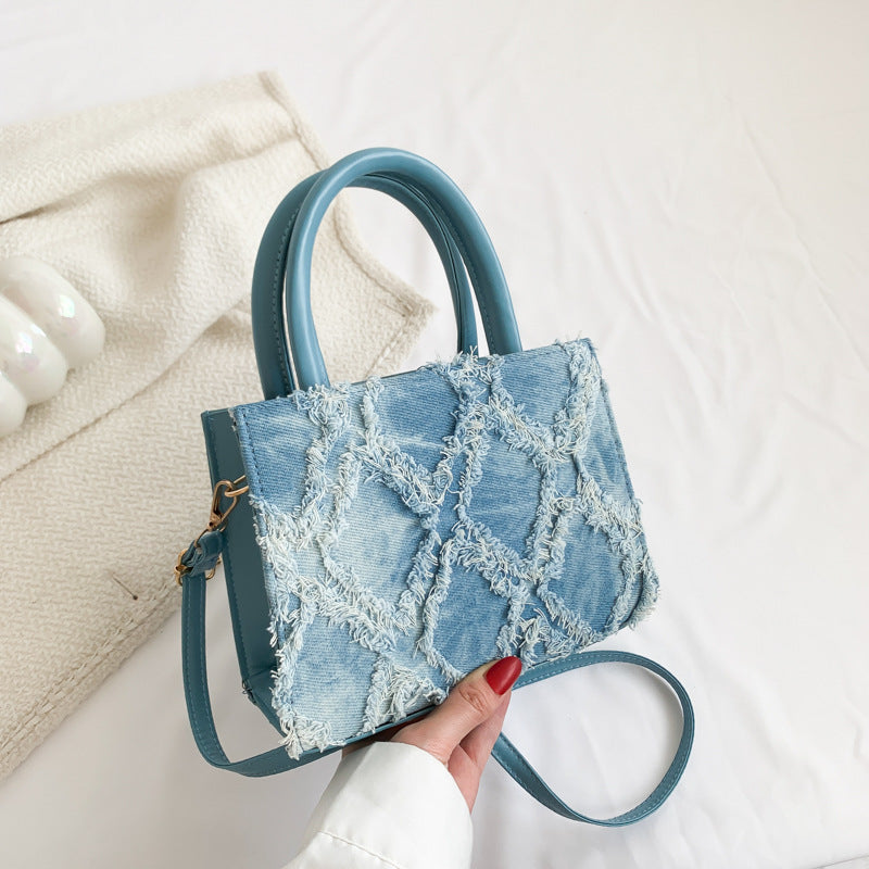 Retro denim diamond pattern tassel shoulder bag crossbody bag