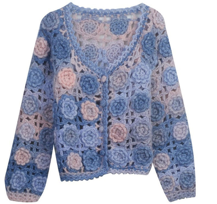 Hand-crocheted hollow sweet flowers knitted cardigan for women