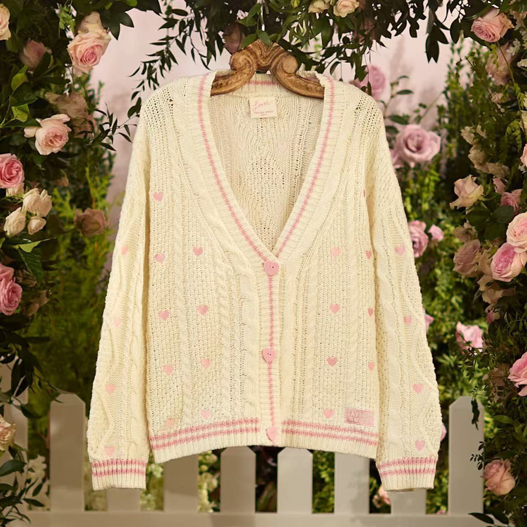 Taylor Swift pink heart embroidery knitted cardigan Valentine's sweater