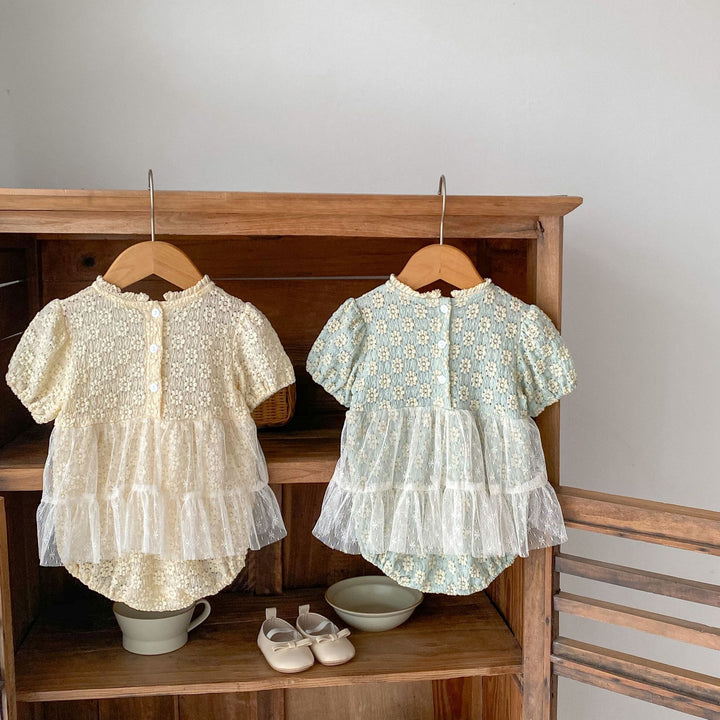 Baby Flower jacquard romper with lace mesh