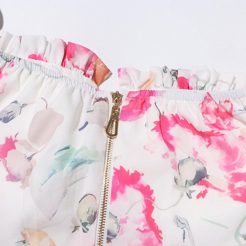 Puff Sleeve crop Top High Waist Swing Skirt Set