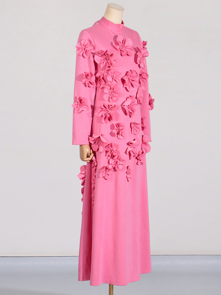 Pink Flower embellished Maxi dress 3D flower collage dress