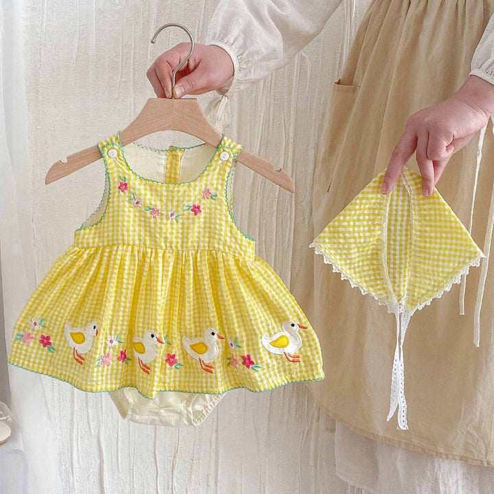 Baby girl summer cute duck yellow plaid romper sleeveless bodysuit