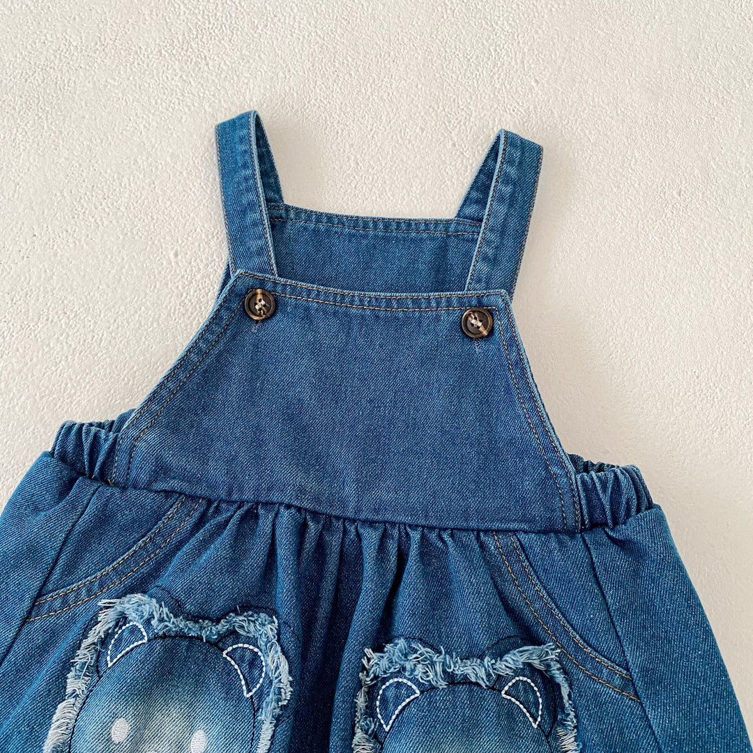 Baby denim Bear patch embroidered overalls skirt&romper