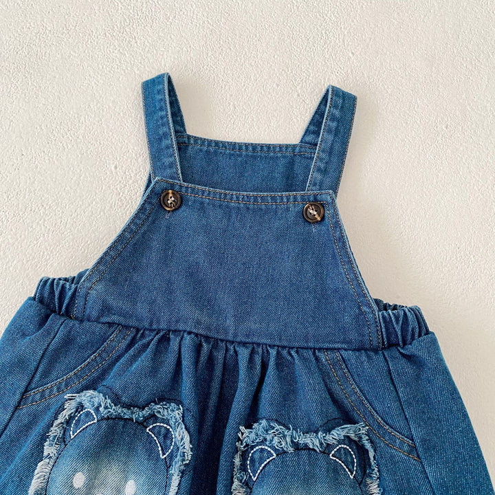 Baby denim Bear patch embroidered overalls skirt&romper