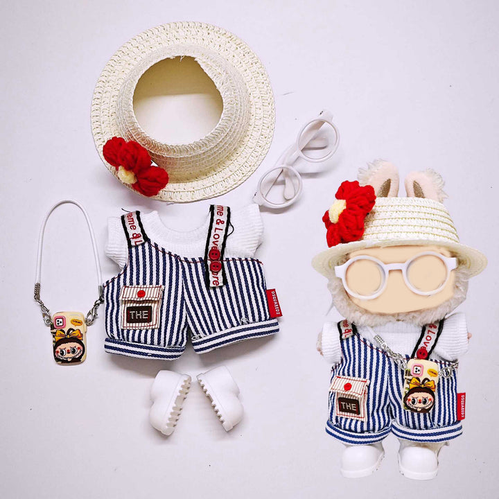 Labubu doll clothes Striped overalls T-shirt 6pcs set