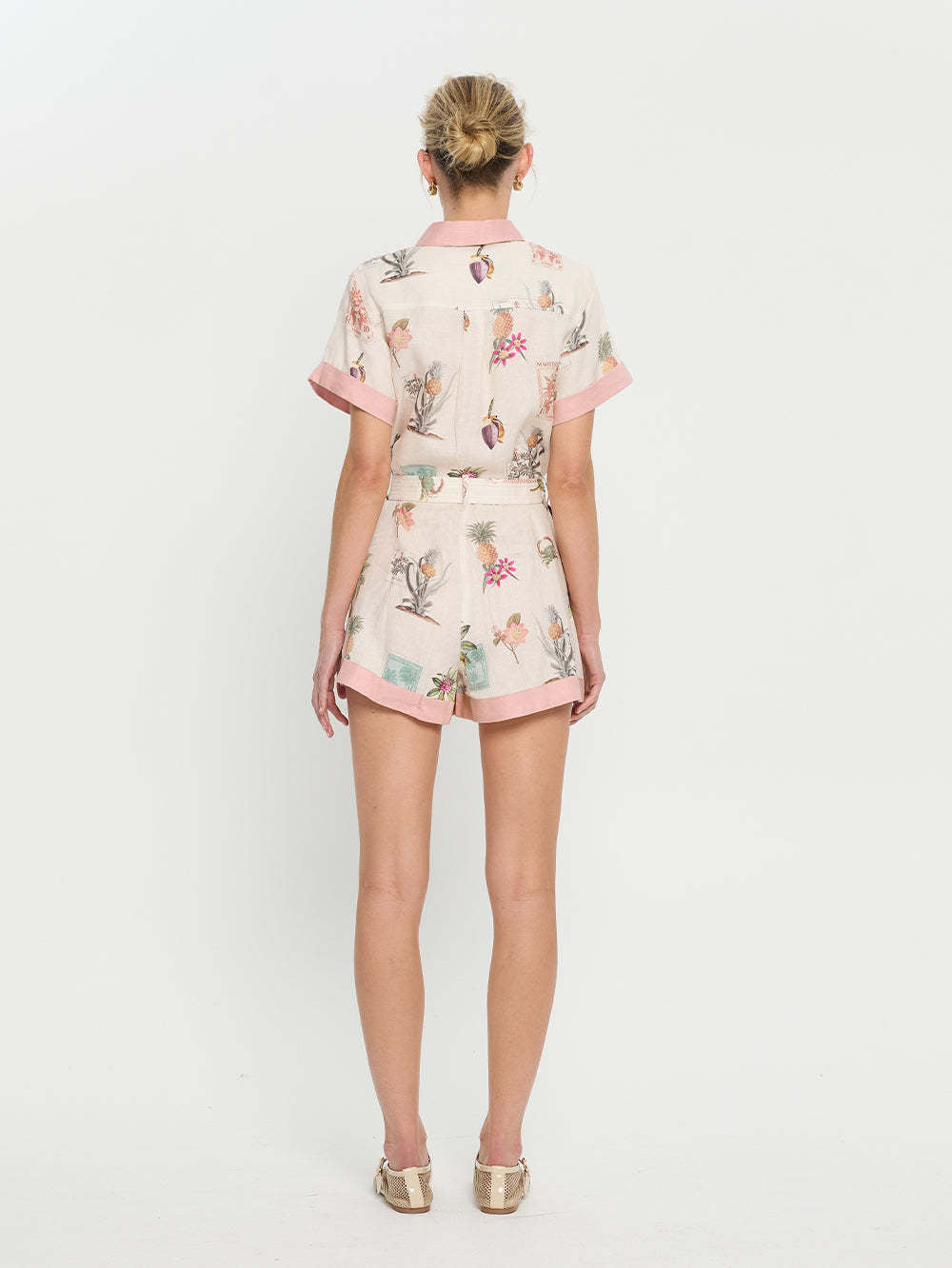 Summer belt button shirt collar floral jumpsuit