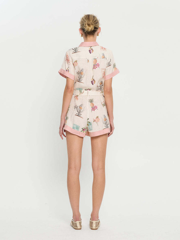 Summer belt button shirt collar floral jumpsuit