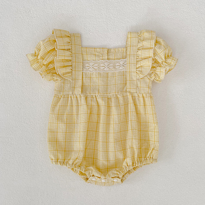 Baby yellow plaid puff sleeve bodysuit romper