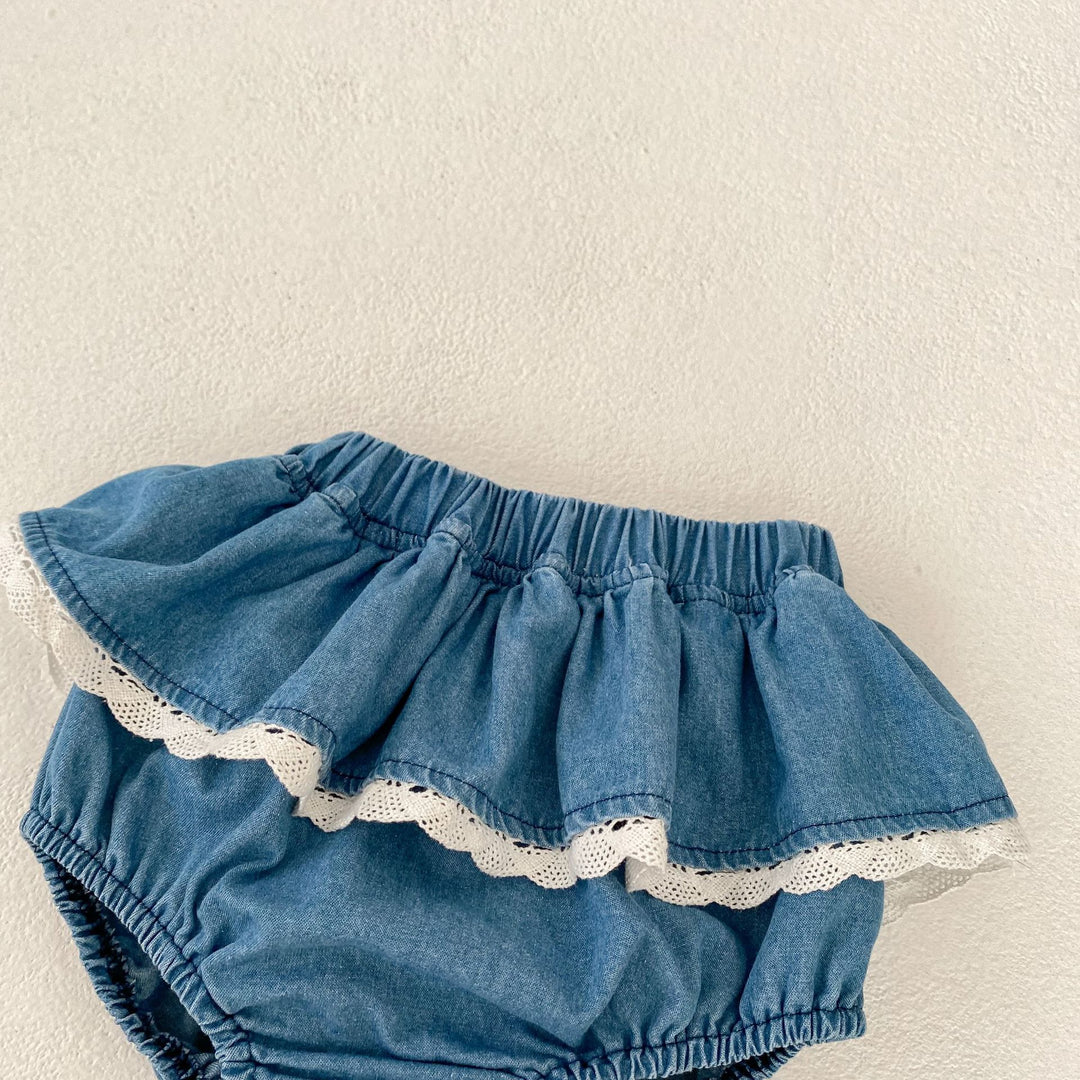 Baby denim lace dress top&bubble short 2pcs set