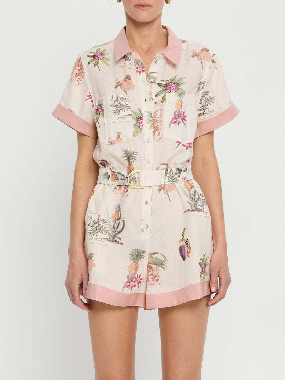 Summer belt button shirt collar floral jumpsuit