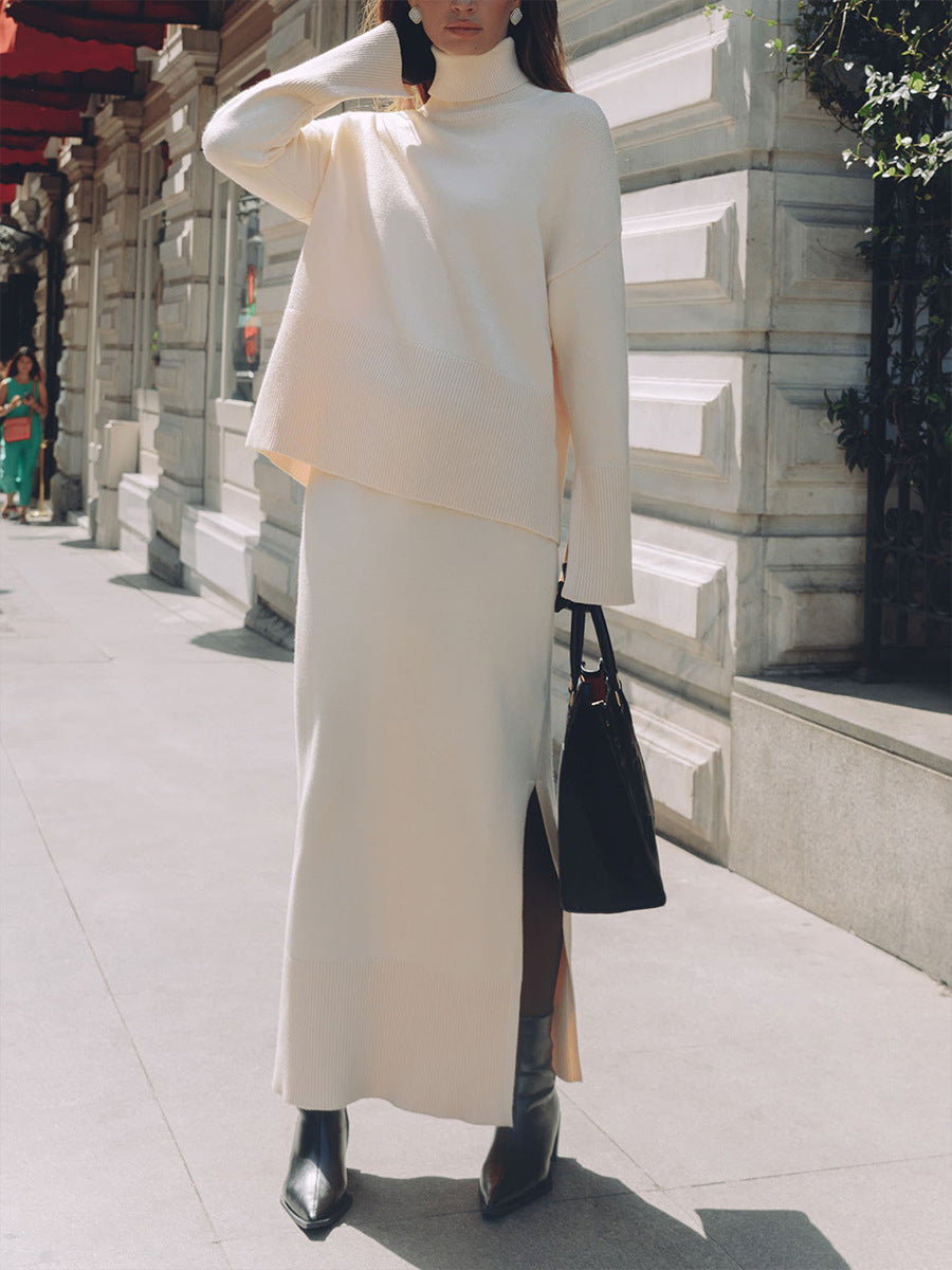 Women's retro Turtleneck Knitted sweater&slit skirt suit