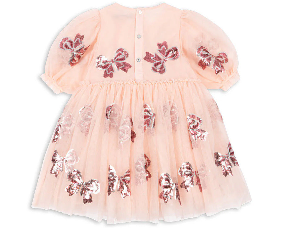Pink sequin bow tutu puff dress for girls-preorder