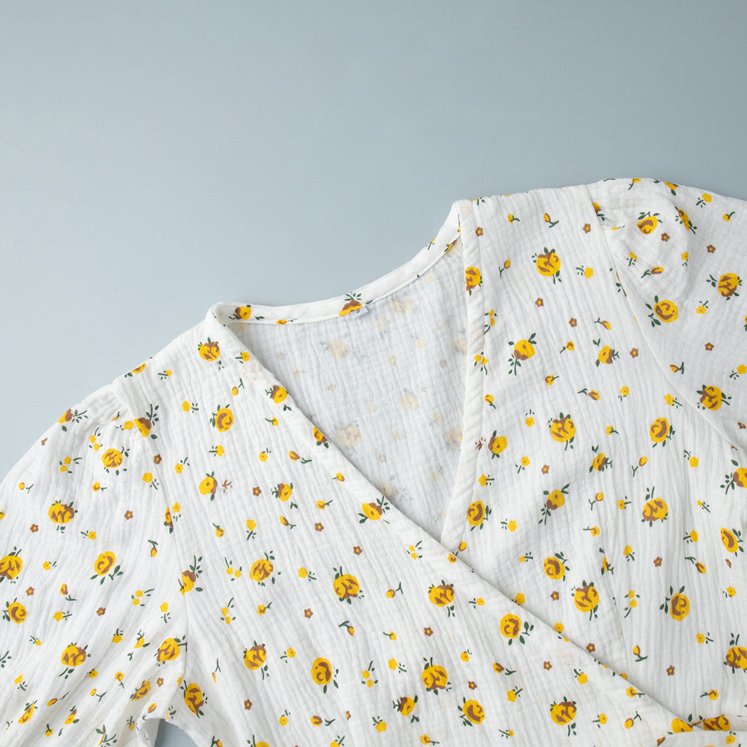 Cotton crepe puff sleeve V-neck lace-up floral dress