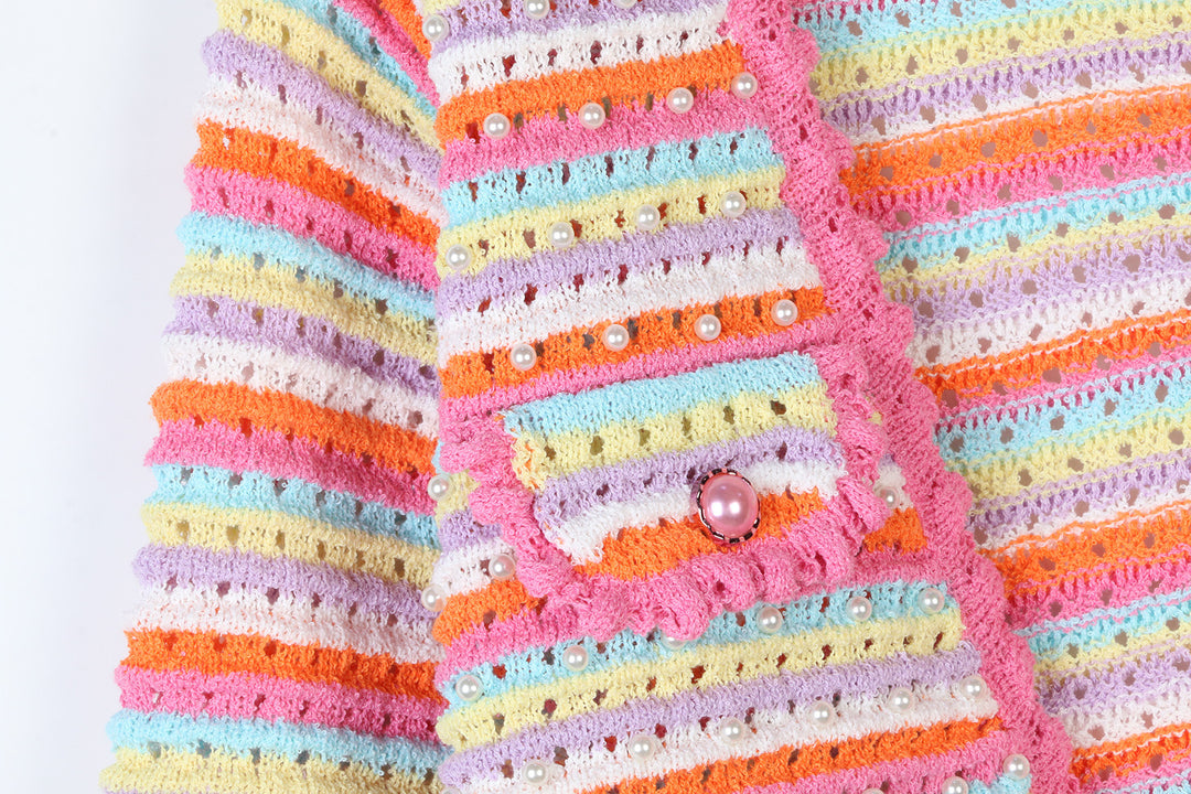 Pink striped knitted cardigan sweater