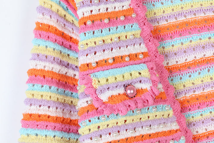 Pink striped knitted cardigan sweater