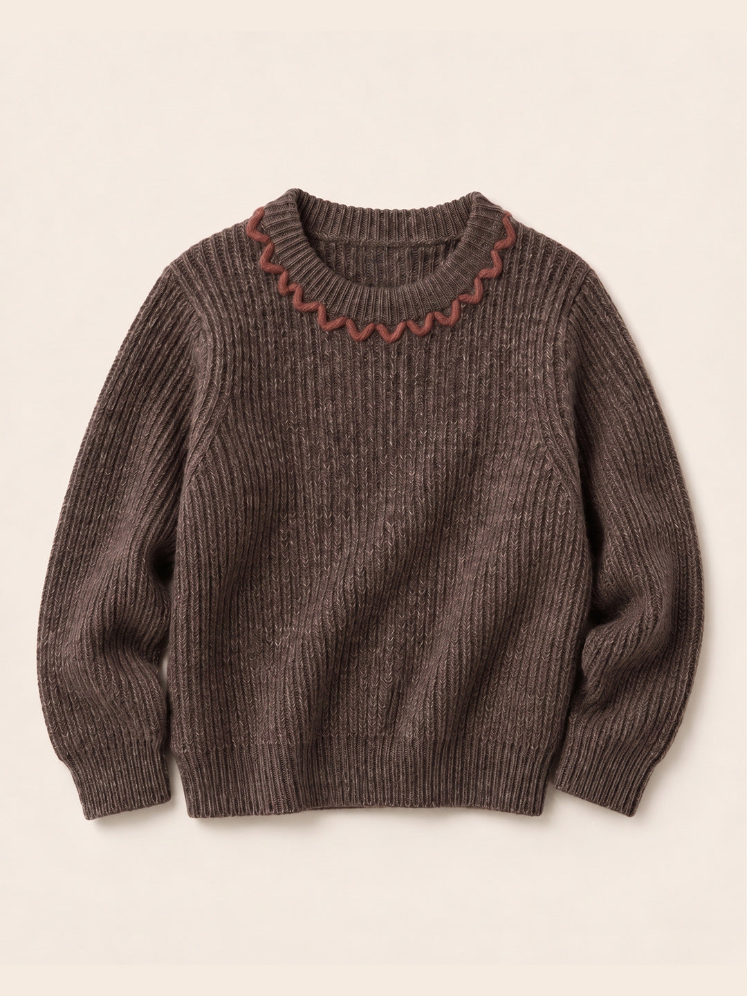 Girls' Ribbed Knit Pullover with Contrast-Color Scalloped Crew Neck
