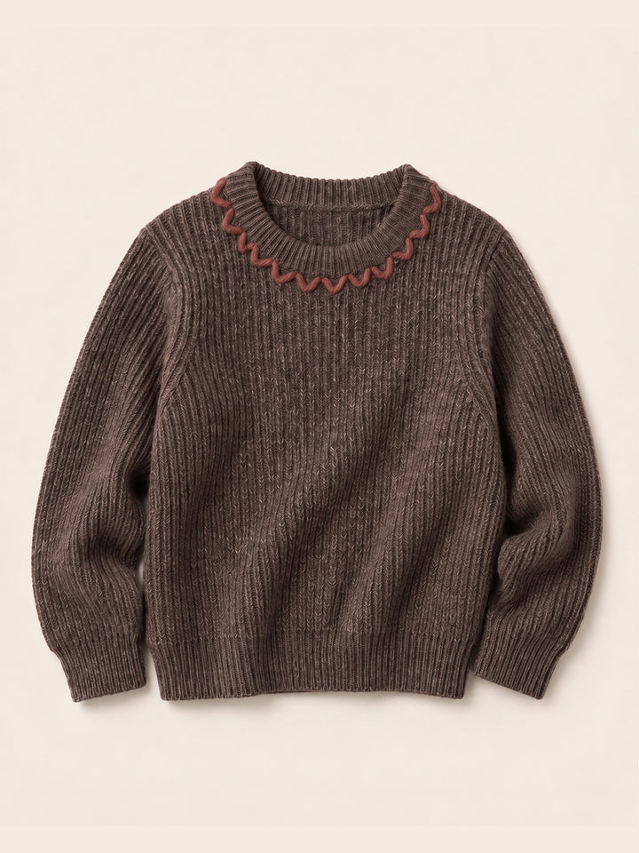 Girls' Ribbed Knit Pullover with Contrast-Color Scalloped Crew Neck
