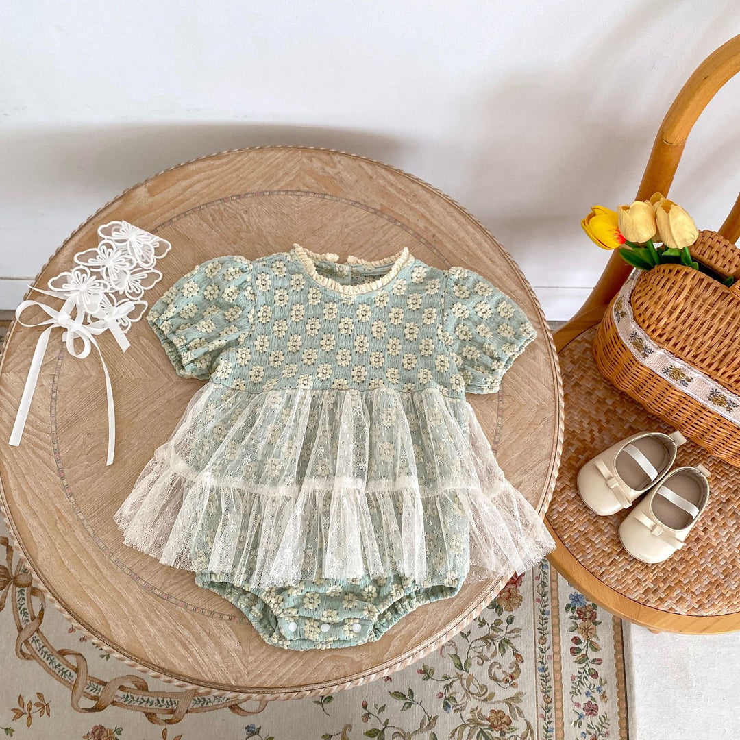 Baby Flower jacquard romper with lace mesh