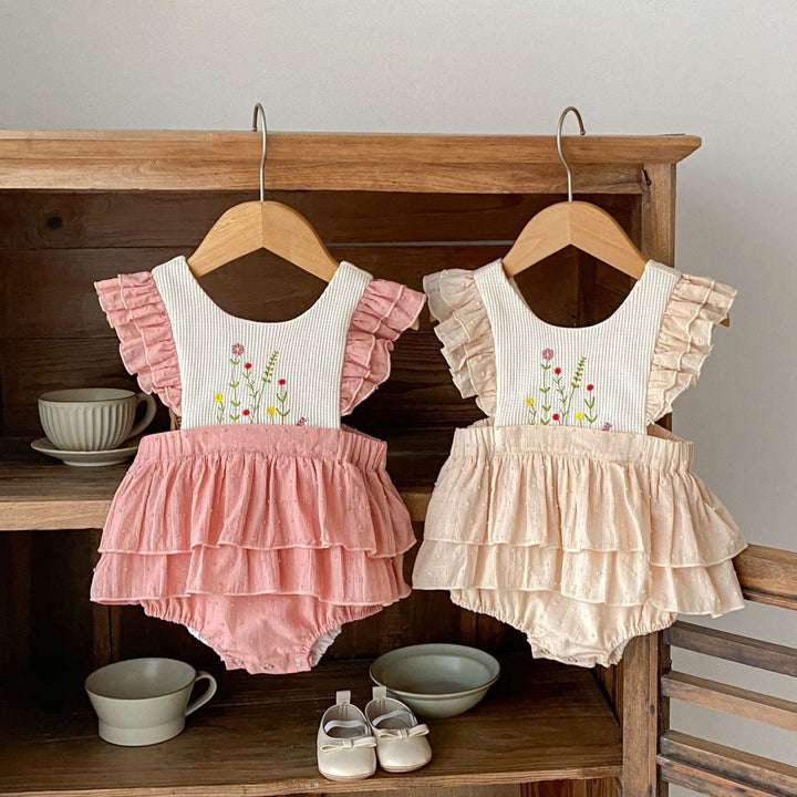 Baby floral embroidery romper with flying sleeves