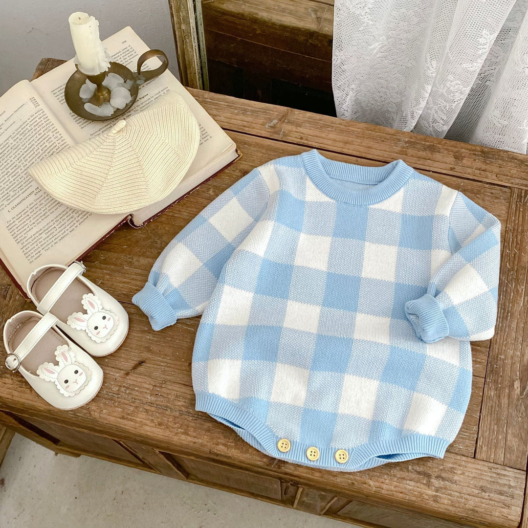 Plaid Jacquard Long Sleeve Knitted Romper for baby