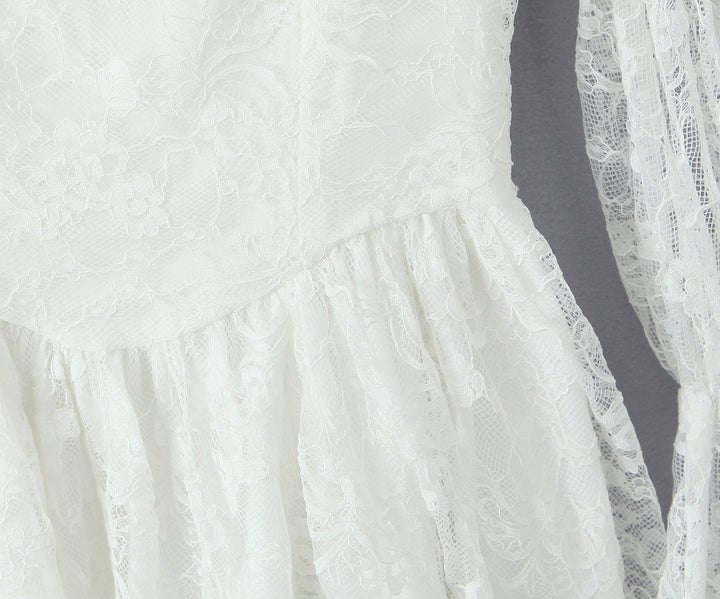 Lace square collar slim waist A-line dress