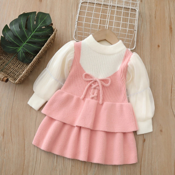 Girls puff sleeve knitted sweater skirt