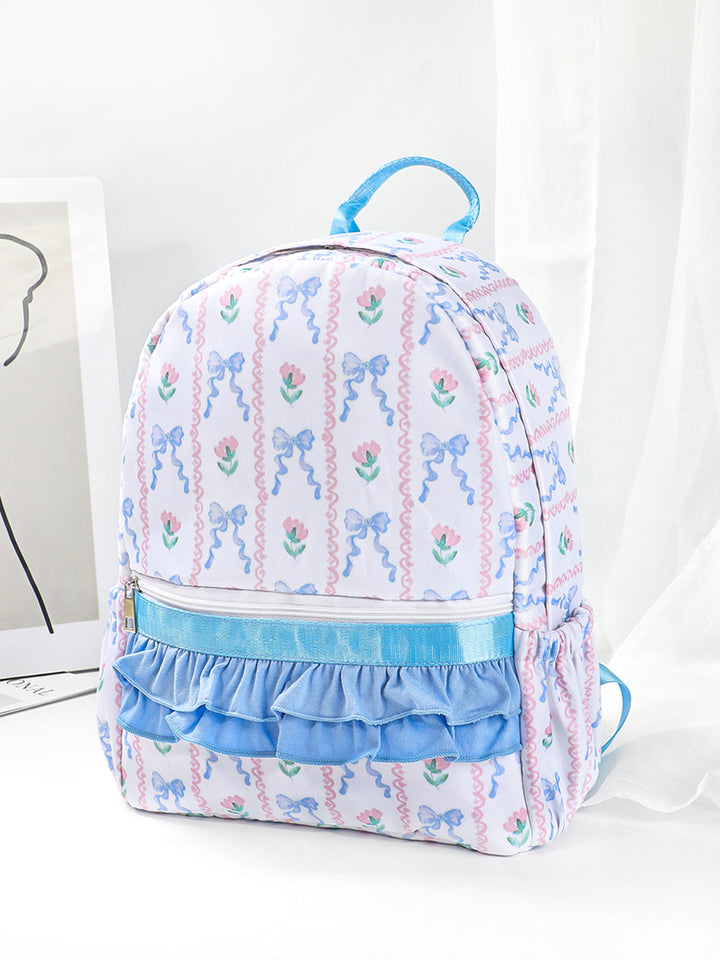 Blue Patchwork Gingham Plaid Ruffle Backpack