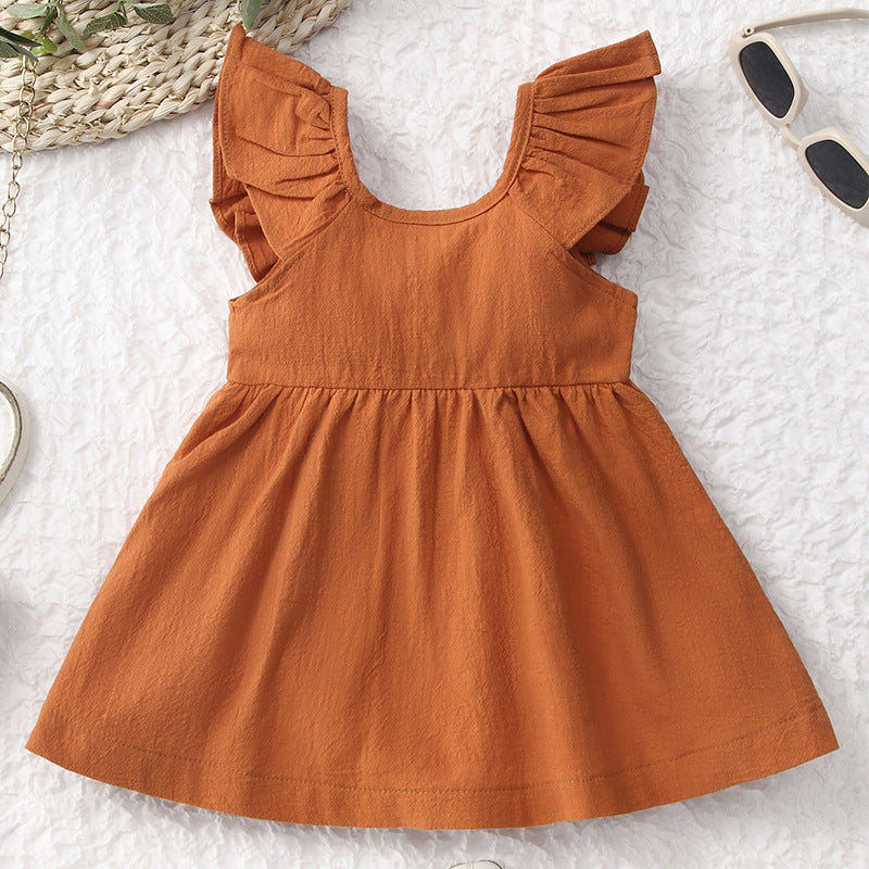 Girls summer cotton and linen button ruffle dress