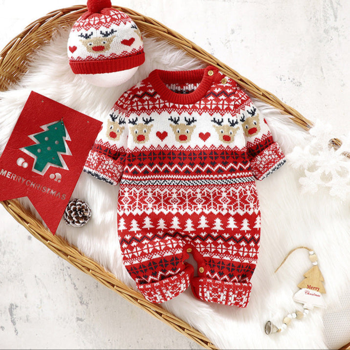 Baby knitted Christmas Romper with beanie