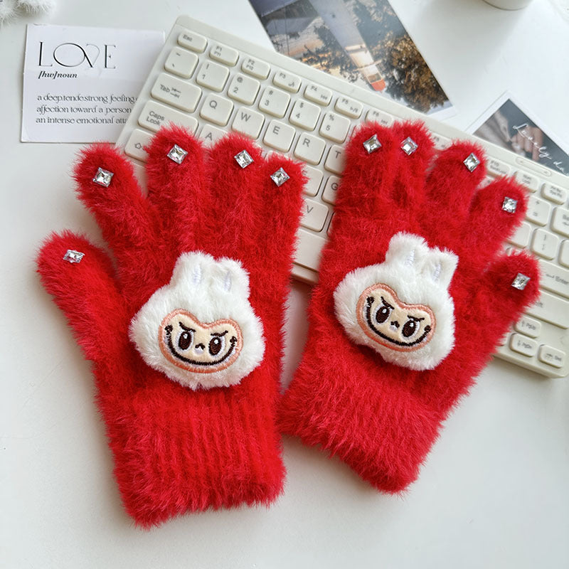 Labubu Five-finger warm knitted diamond furry gloves