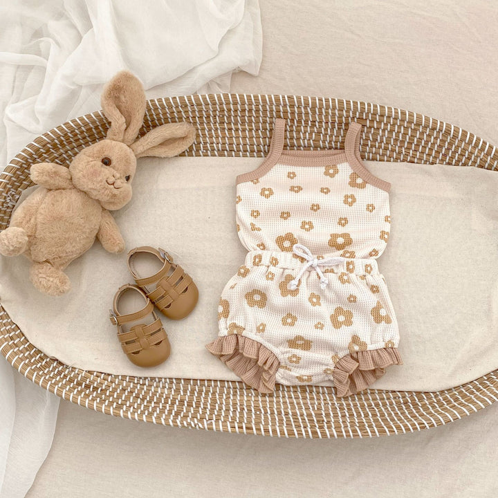 Baby flower waffle sling romper&bubble short 2pcs set